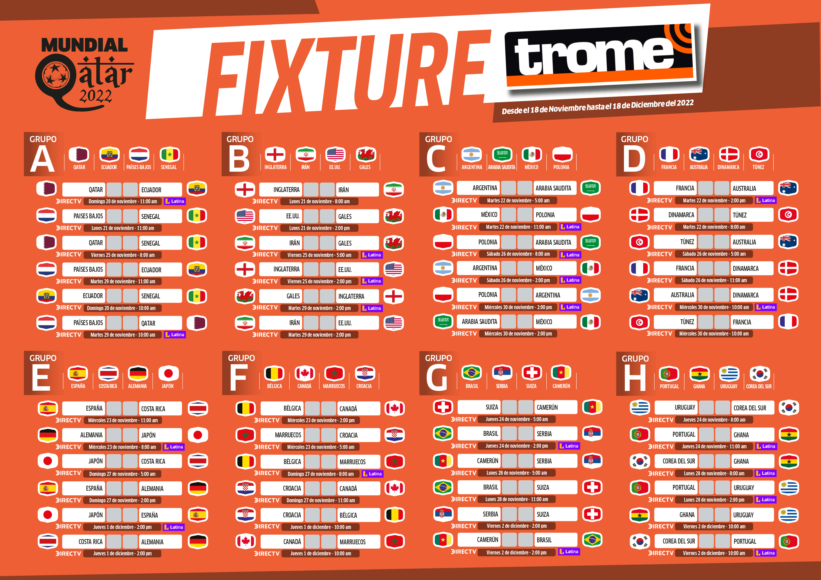 Fixture Mundial Qatar 2022 descarga el calendario completo de la Copa del Mundo | fechas y horarios de los partidos